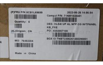 Lenovo 5CB1L69699 C-Cover with keyboard, French, Cloud Grey, Non-Backlight, Non-Fingerprint, US