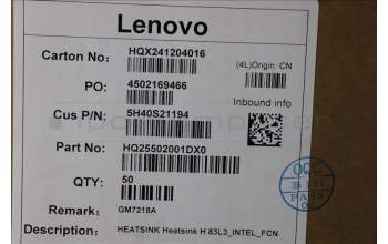Lenovo 5H40S21194 HEATSINK Heatsink H 83L3_INTEL_FCN